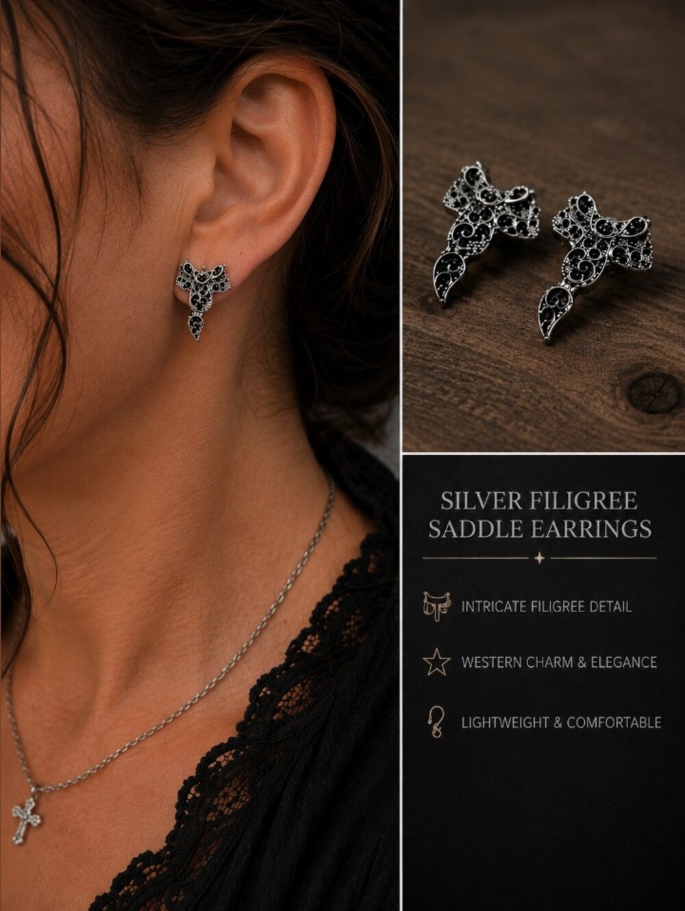 Silver Filigree Saddle Earrings - Silver